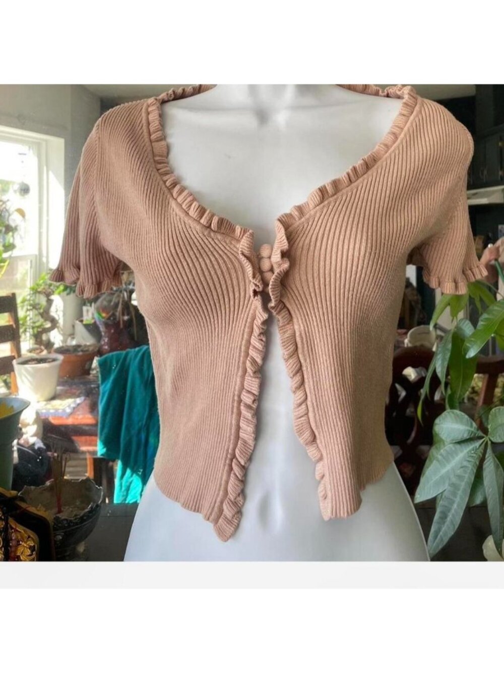 Cream and tan button up top with 3 buttons Brand...